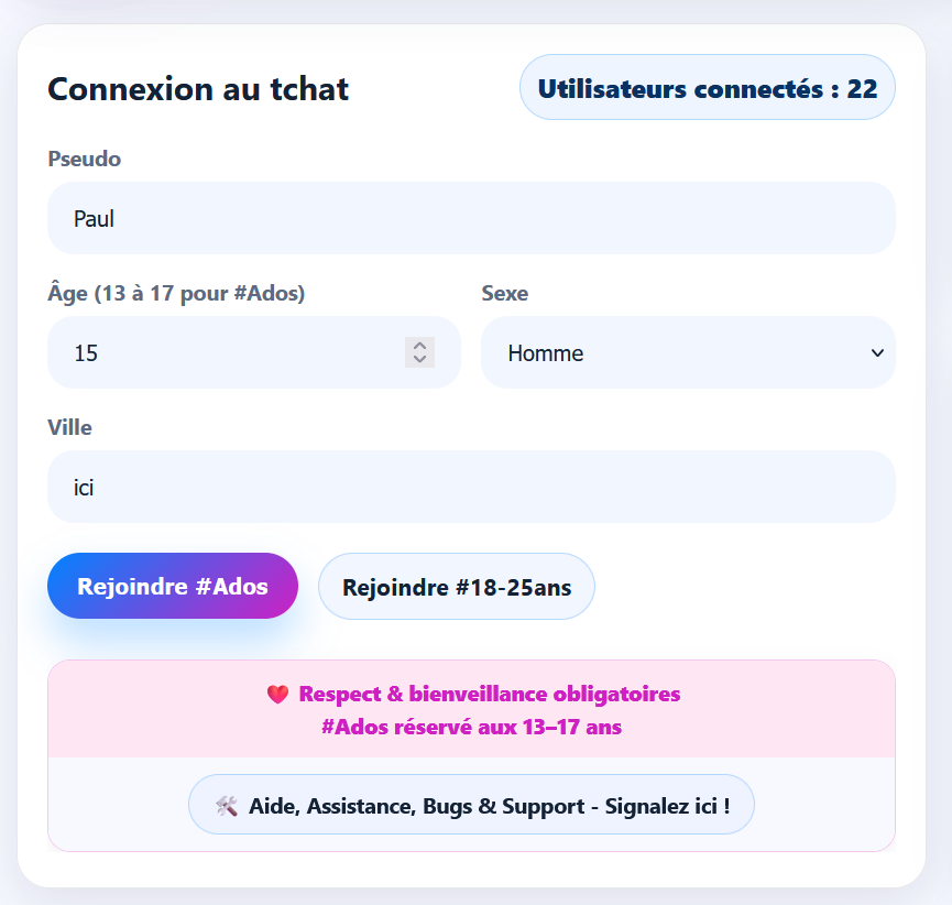 Formulaire de connexion au tchat