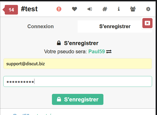 Formulaire S'enregistrer KiwiIRC rempli