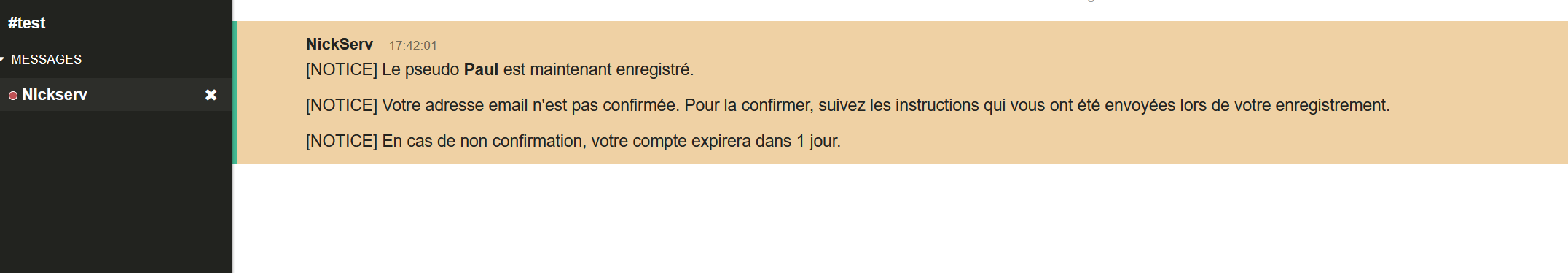 Confirmation enregistrement NickServ