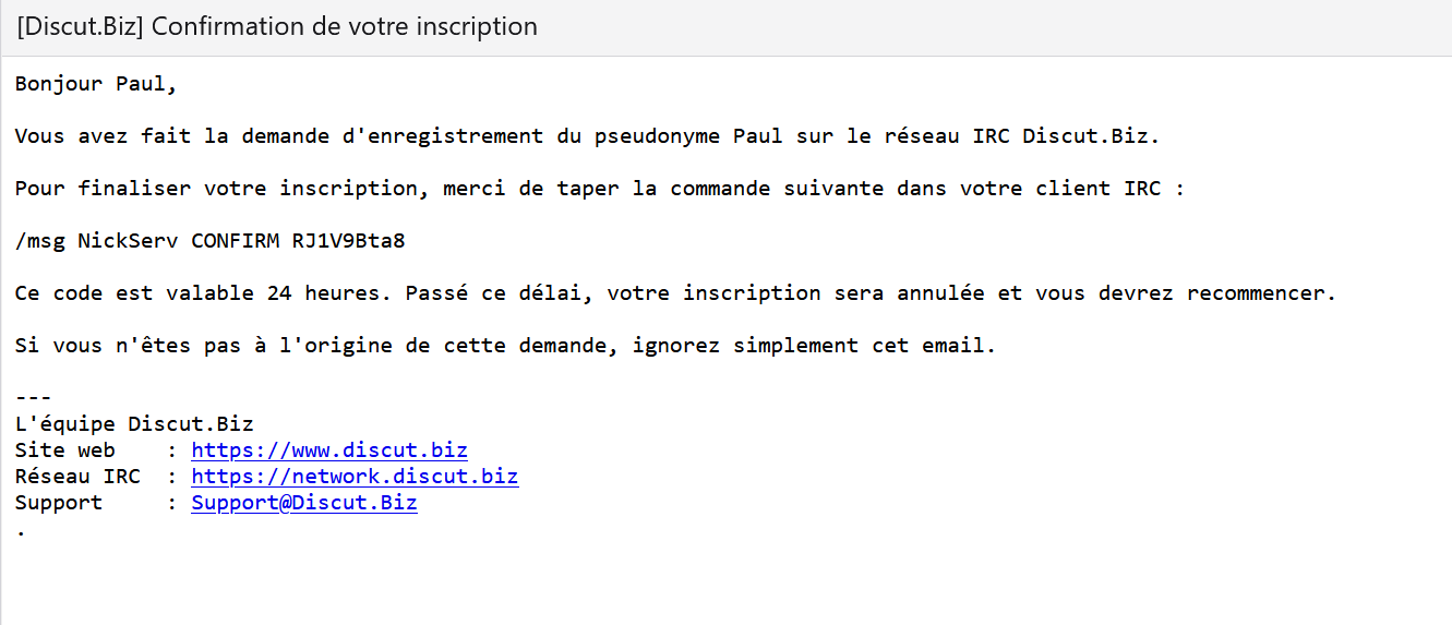Email de confirmation NickServ