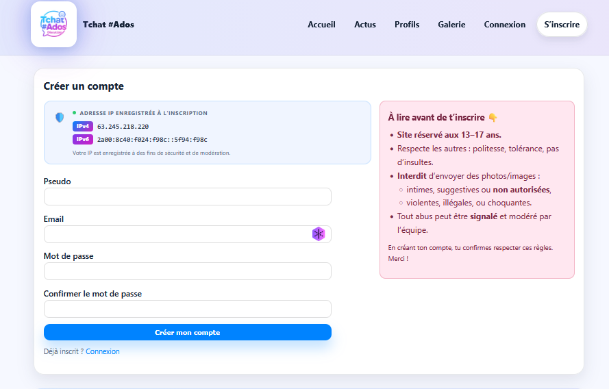 Page accueil Tchat Ados